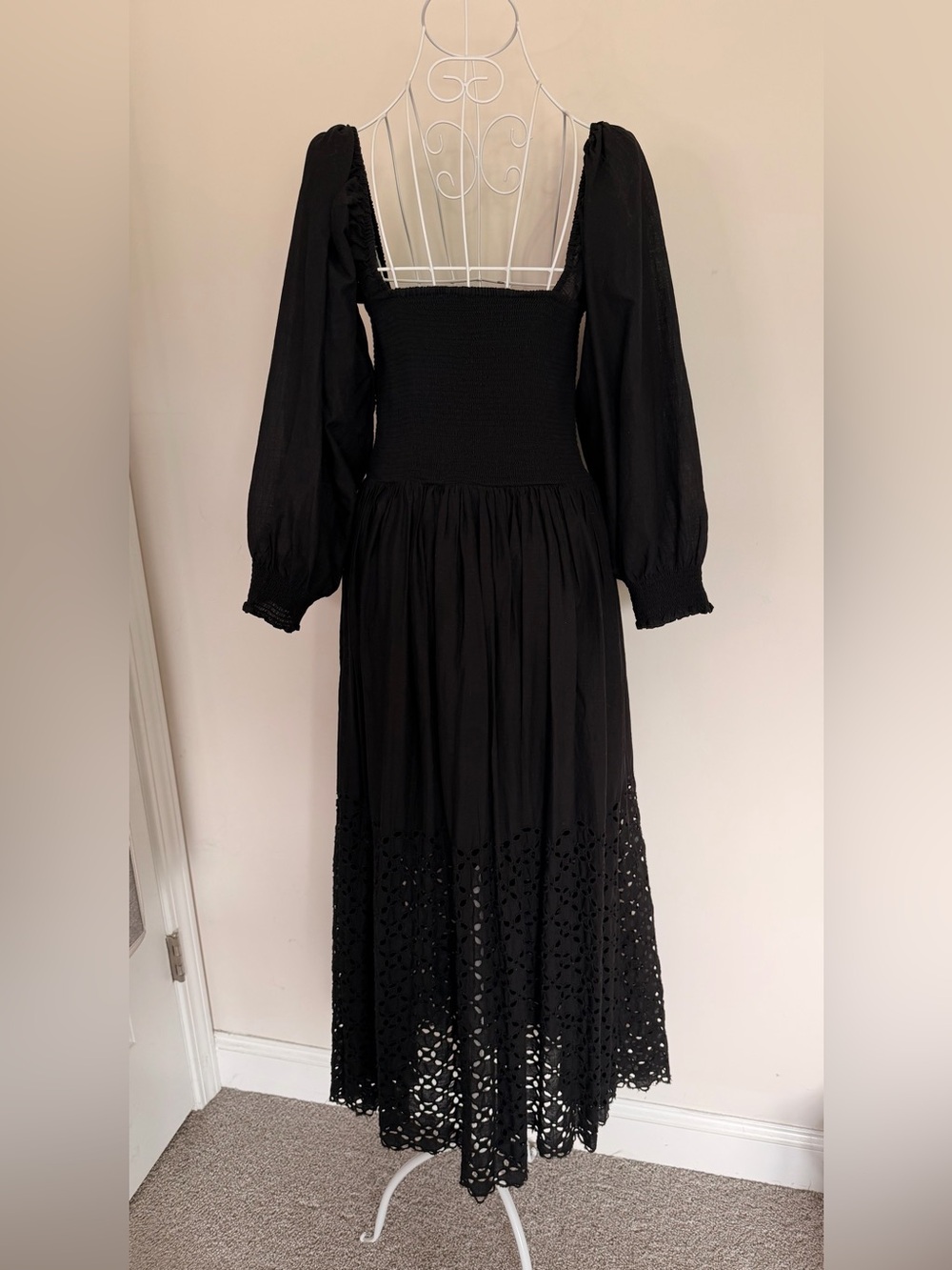 Free People Black Square-Neck Eyelet Maxi Dress with Puff Sleeves Size S - Picture 8 of 9